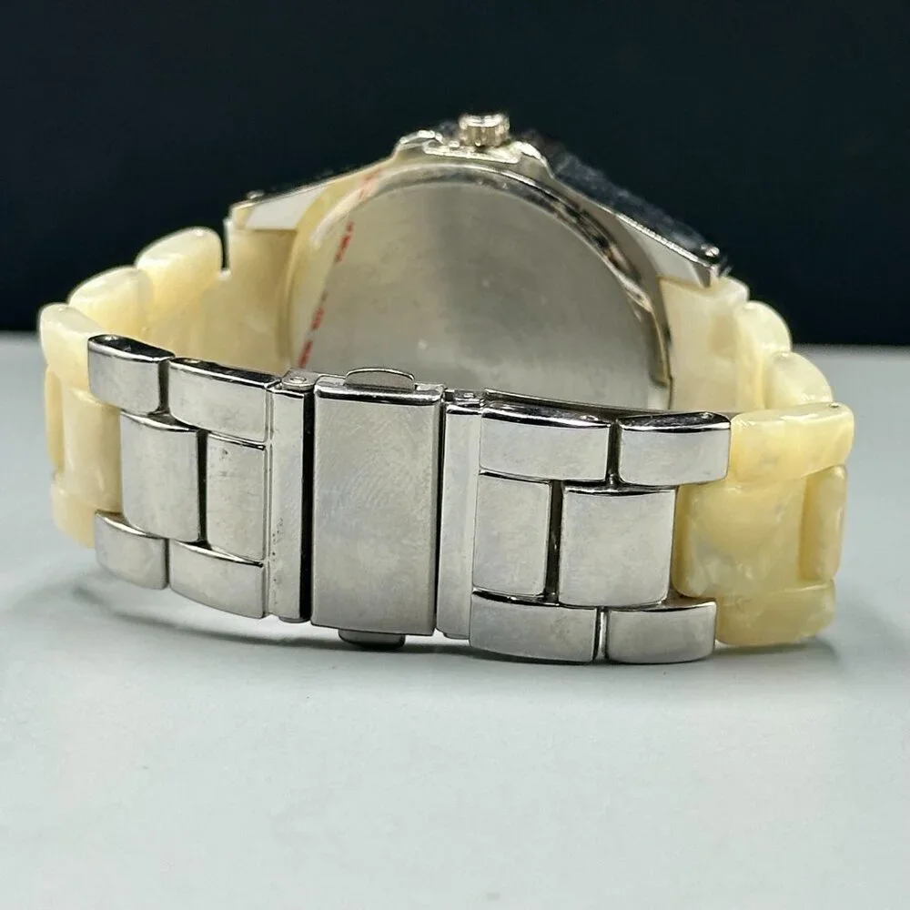 3/$30 Silver Tone Women Watch Rhinestone Bezel Cream Resin Band New Battery